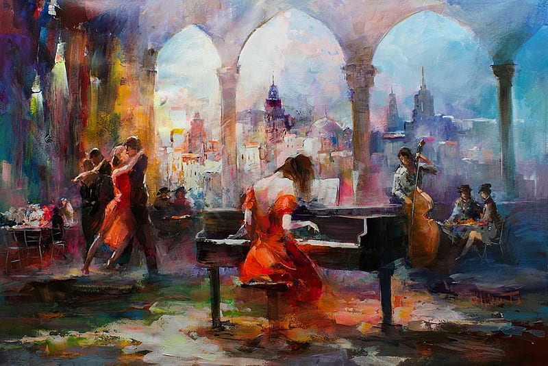 The..Pianist, dancers, art, bass, red dress, music, painting, bonito, piano, HD wallpaper