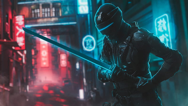 futuristic character, neon streets, sword, mask, Sci-fi, HD wallpaper