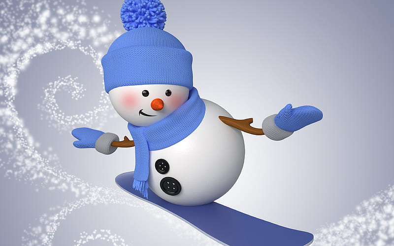 3d snowman, winter, snowboard, Christmas, winter sports, HD wallpaper
