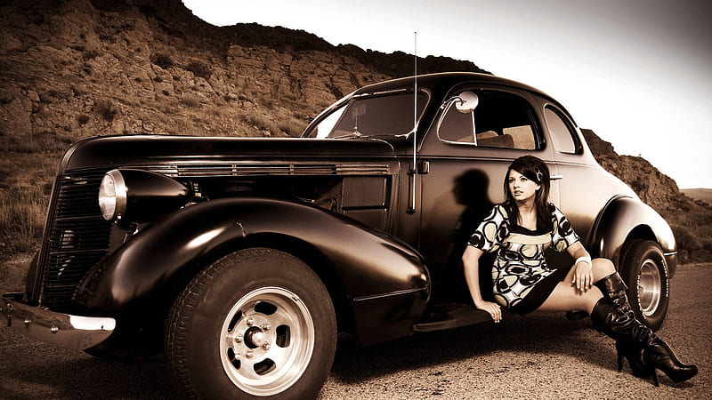 Muscle and Boots, dress, legs, boots, rod, woman, antique, girl, hotrod, hot, lady, classic, HD wallpaper