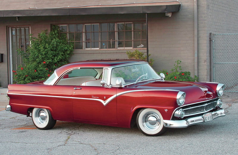 1955-Ford-Victoria, Classic, Whitewalls, Red, Ford, HD wallpaper