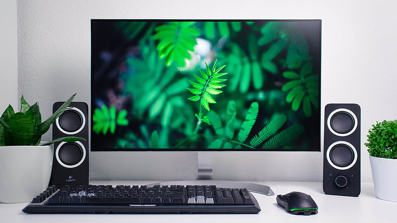 turned-on flat screen computer monitor with speakers and keyboard, HD wallpaper