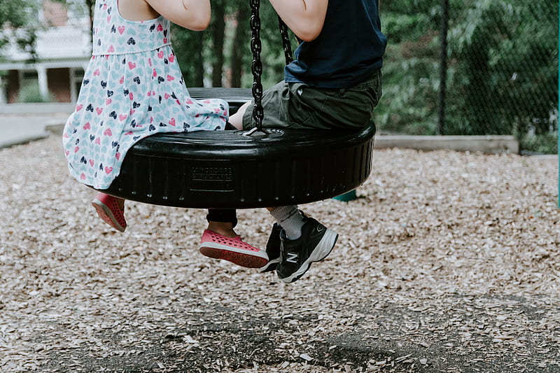 two children playing on tire swing, HD wallpaper