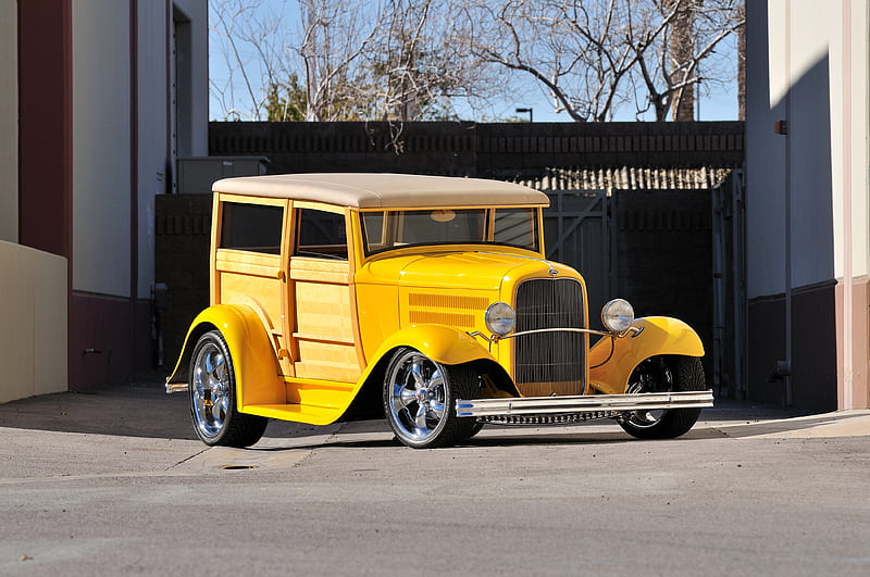 1932-Ford-Woody-Street-Rod, Classic, Yellow, Hot Rod, Chrome, HD wallpaper