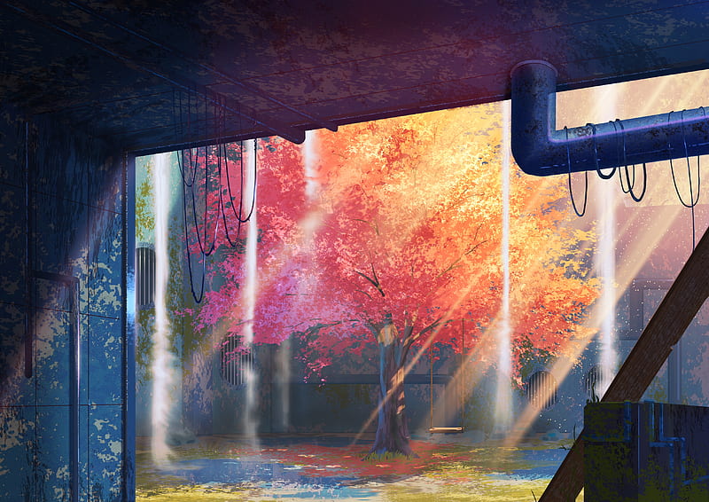 anime landscape, autumn, swing, tree, post-apocalyptic, Anime, HD wallpaper