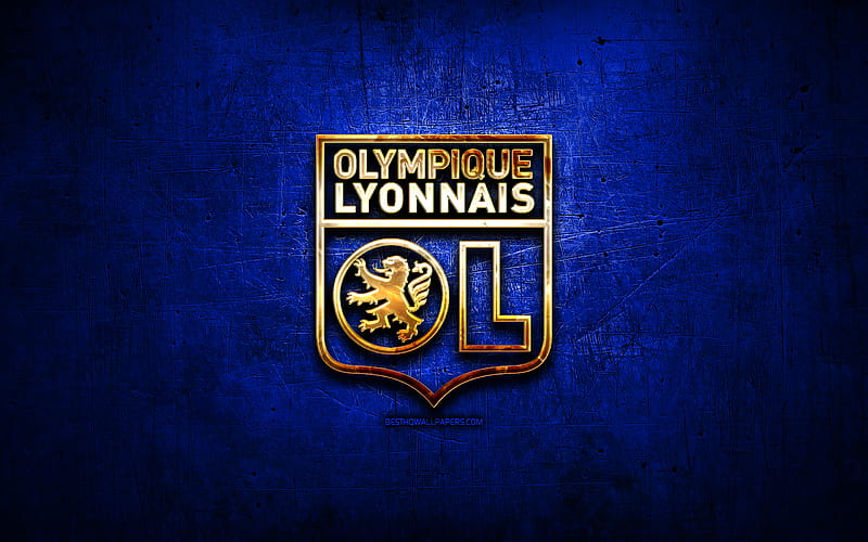 Olympique Lyonnais FC, golden logo, Ligue 1, blue abstract background, soccer, french football club, Olympique Lyonnais logo, football, Olympique Lyonnais, France, OL, HD wallpaper