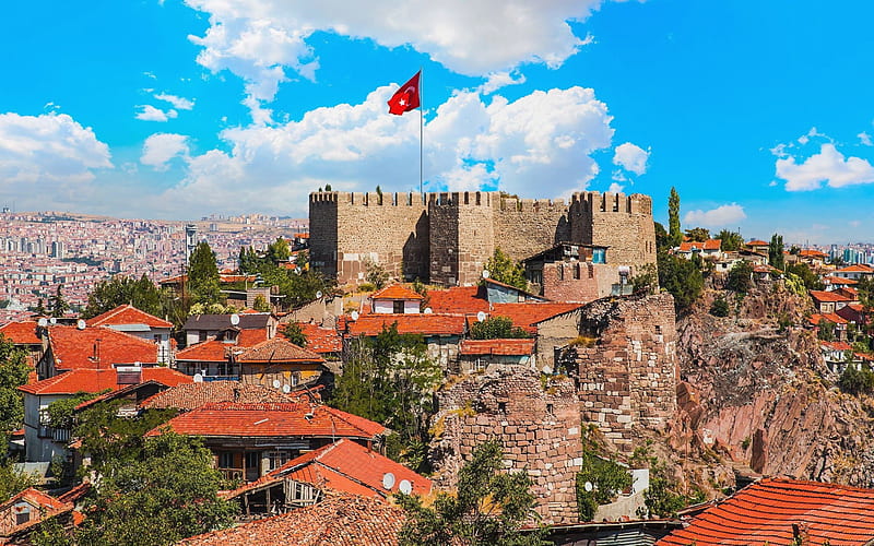 Ankara Castle, old fortress, flag of Turkey, Ankara, panorama, Ankara cityscape, Turkey, HD wallpaper