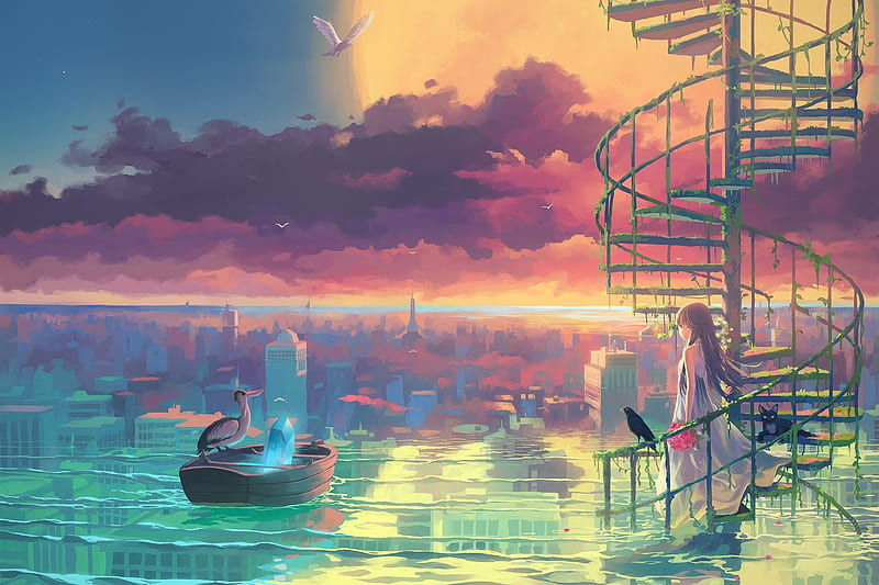Sunset, cloud, luminos, vofan, manga, cat, sea, boat, girl, bird, anime, summer, pink, pisica, blue, HD wallpaper
