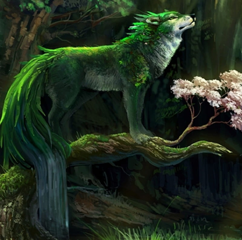 Can you smell the Magic, fantasy, green, flowers, wolf, trees, branch,  artwork, HD wallpaper | Peakpx