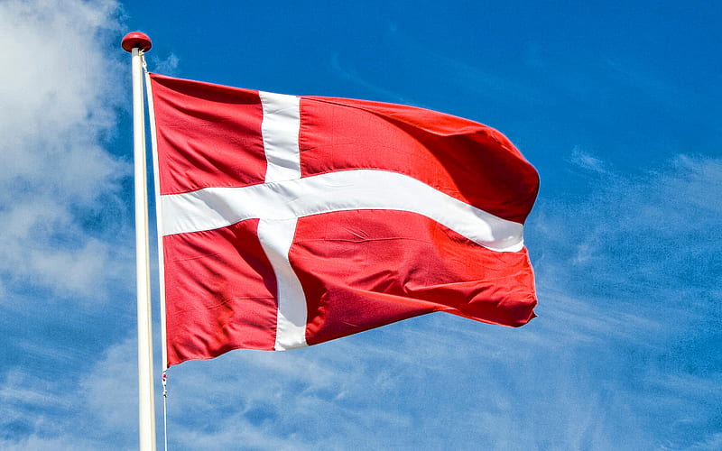 Flag of Denmark on a flagpole, blue sky, Europe, Denmark, Denmark flag, Flag of Denmark, HD wallpaper