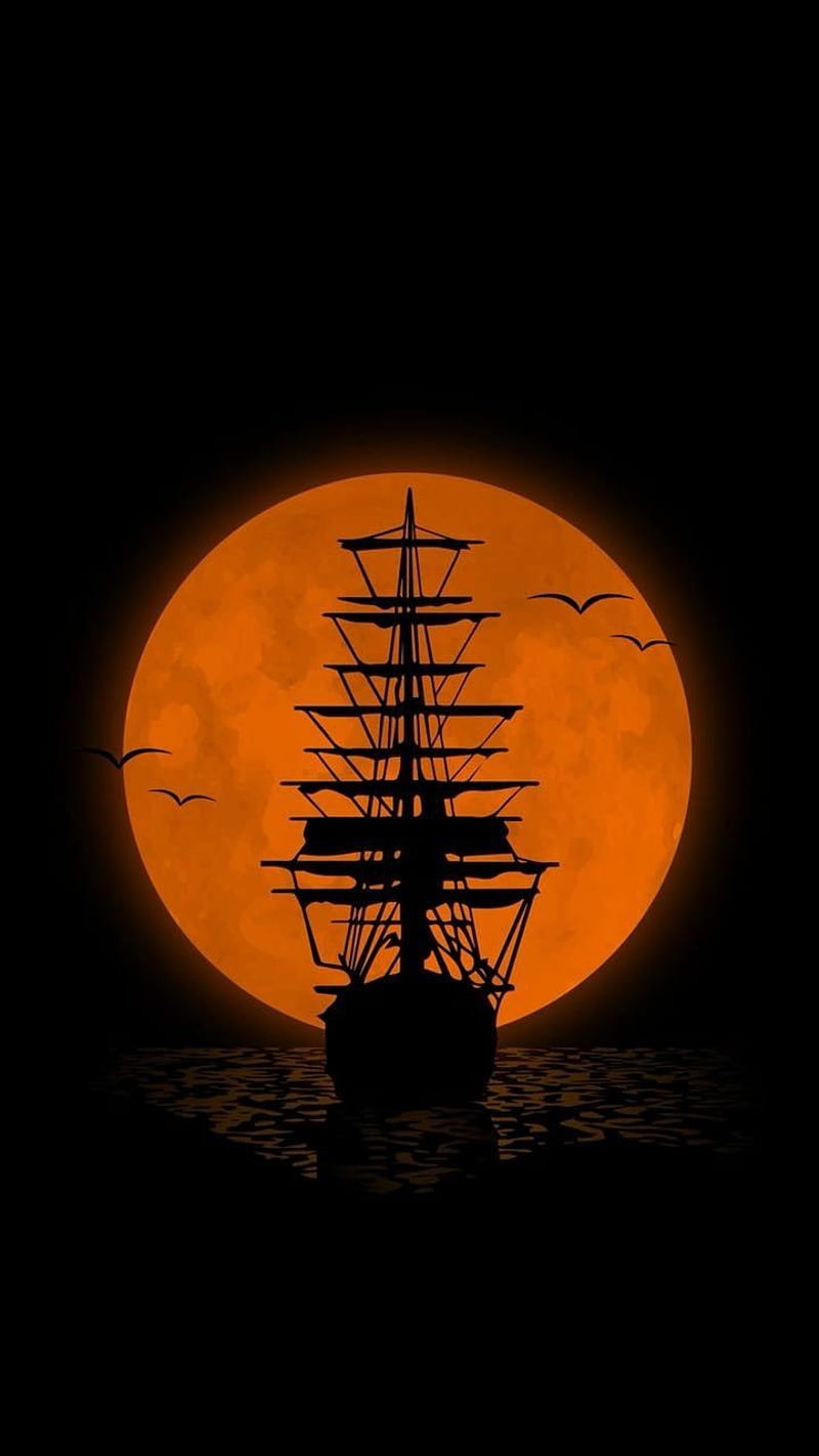Ship, boat, moon, moonlight, ocean, pirate, sails, sea, ships, vessel, HD phone wallpaper