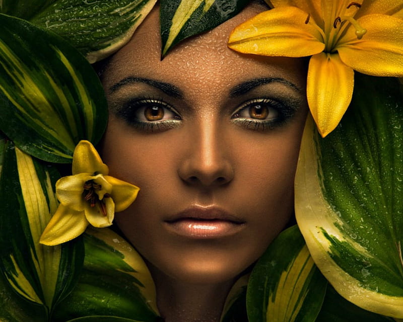Artistic woman, model, flowers, face, woman, style, HD wallpaper