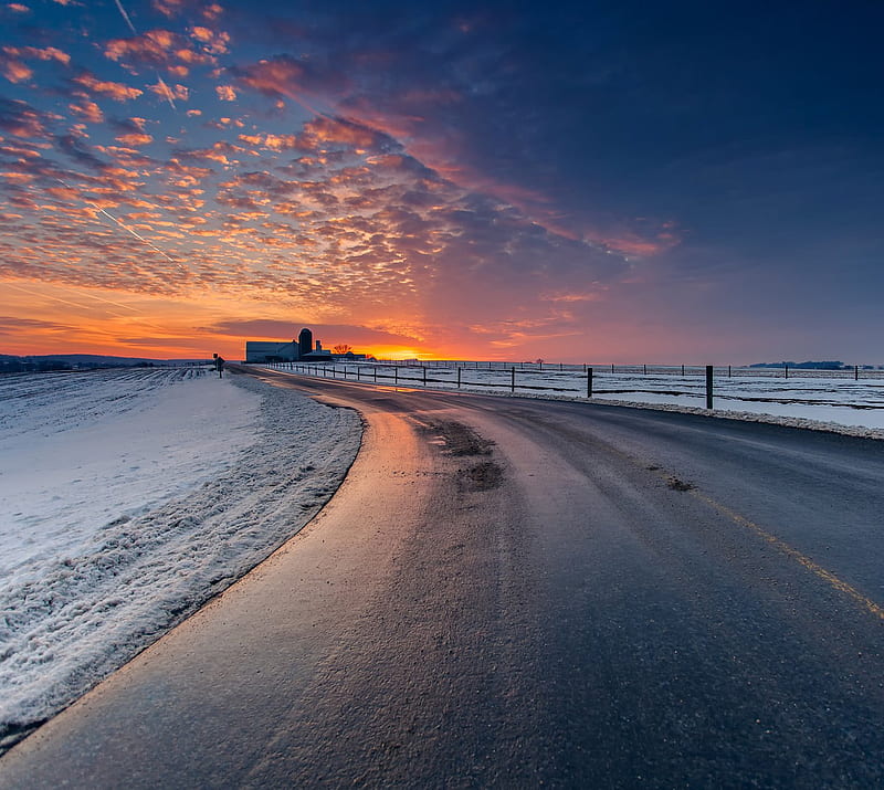 Winter landscape, road, skies, snow, sunset, village, HD wallpaper