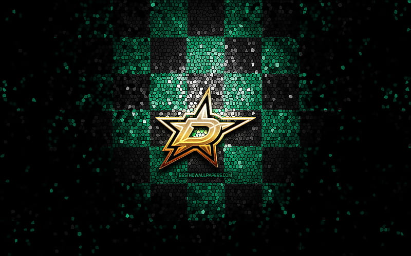 Dallas Stars, glitter logo, NHL, green black checkered background, USA, american hockey team, Dallas Stars logo, mosaic art, hockey, America, HD wallpaper