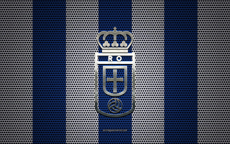 Real Oviedo logo, Spanish football club, metal emblem, blue and white metal mesh background, Real Oviedo, Oviedo, Spain, football, HD wallpaper