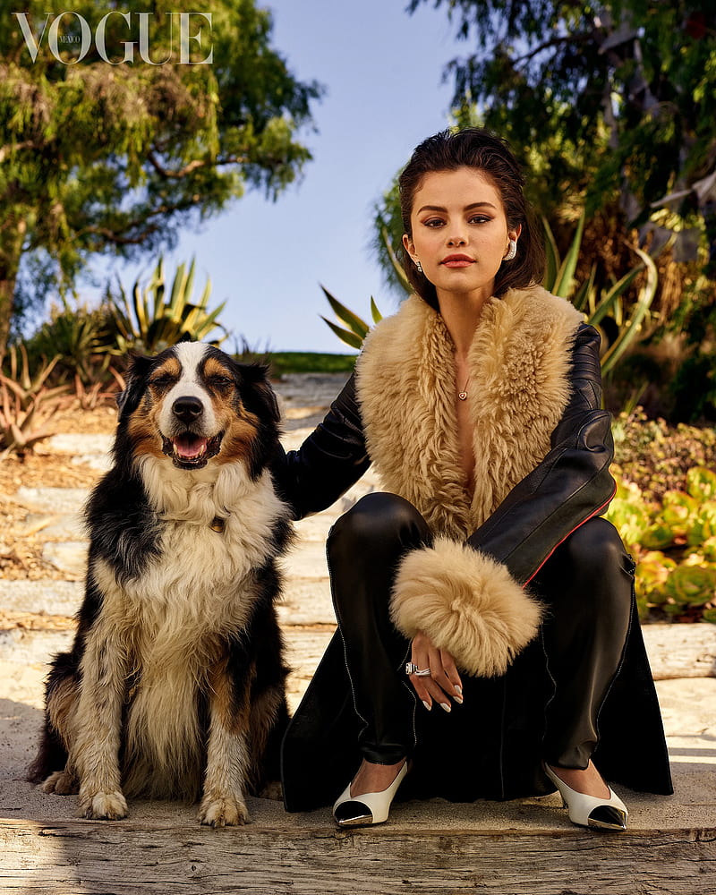 Selena Gomez, celebrity, actress, singer, women, fur, dark hair, brunette, Latinas, dog, women with dogs, sitting, Vogue Mexico, frontal view, HD phone wallpaper