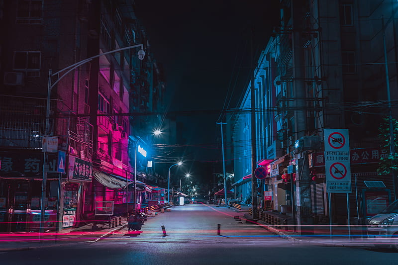 street, night city, neon, buildings, HD wallpaper
