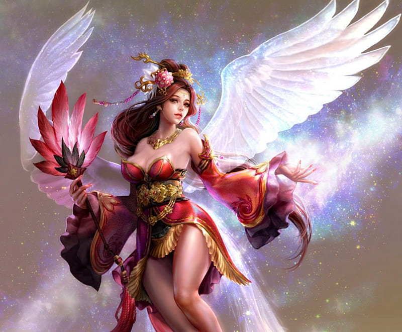 Beautiful Angel, red, art, wings, angel, bonito, fan, HD wallpaper