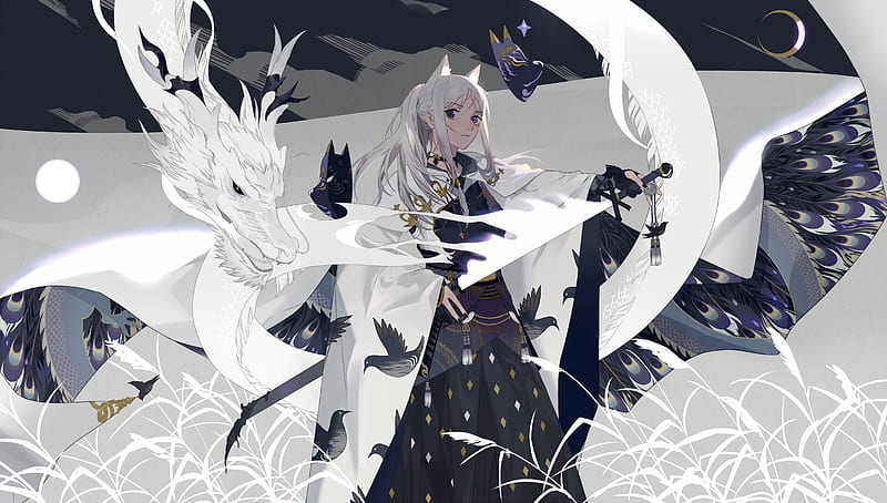 white dragon, anime girl, polychromatic, sword, animal ears, white hair, Anime, HD wallpaper