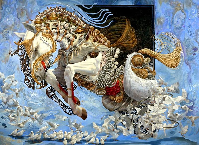 Fantastic Horse, legs, head, birds, jump, artwork, HD wallpaper