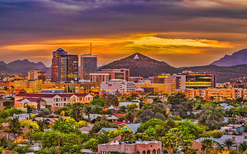Tucson, evening, sunset, Tucson panorama, Tucson cityscape, Arizona, USA, Tucson skyline, HD wallpaper