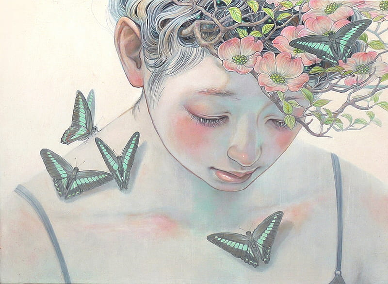 Butterflies, art, frumusete, luminos, fantasy, butterfly, girl, green, flower, asian, chalk, mihohirano, pink, HD wallpaper