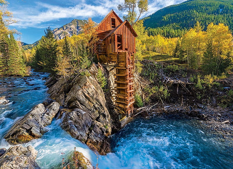Crystal Mill, Colorado, river, watermill, rocks, hills, mountains, trees, HD wallpaper