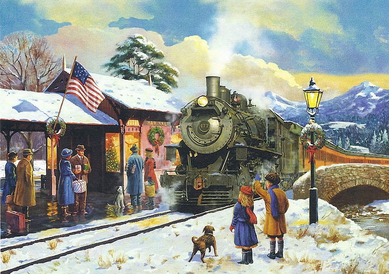 Old Memories, railroad, train, snow, people, painting, station, winter, dog, HD wallpaper