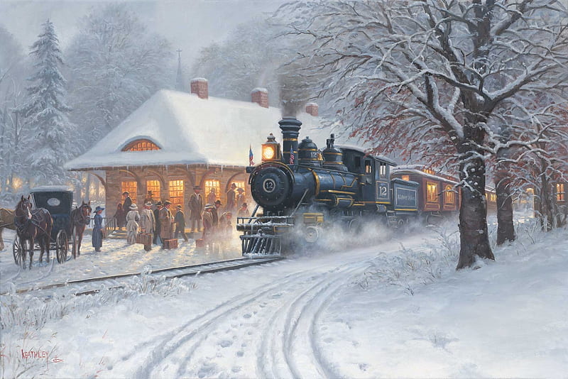 Homecoming, snow, train, people, painting, station, coach, winter, artwork, horse, HD wallpaper