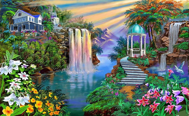 Enchanted Garden, house, water, mountains, flowers, waterfall, sunset,  gazebo, HD wallpaper | Peakpx