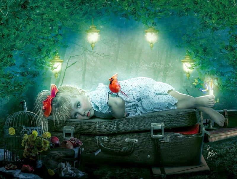 ✰.Splendid Dreams.✰, pretty, fruits, adorable, sweet, cardinals, sparkle, fantasy, resource, splendor, manipulation, love, bright, flowers, forests, child, wings, lovely, lanterns, models, birds, trees, cute, cool, cage, splendidly, flying, red, colorful, glow, dreams, candlelight, bow, bonito, digital art, kid, people, girls, light, animals, luggage, pomegranate, lamps, colors, butterflies, shines, backgrounds, nature, HD wallpaper