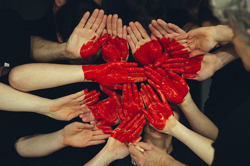 hands formed together with red heart paint, HD wallpaper
