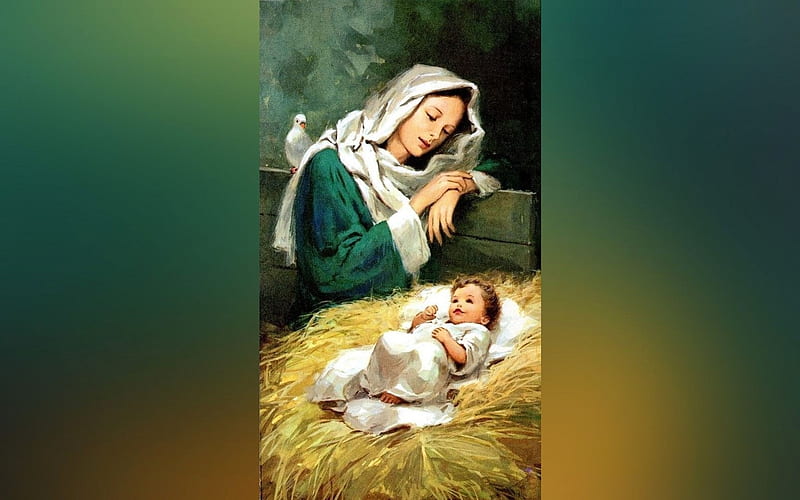 Adoration of Mary, Jesus, Mary, Baby, Nativity, dove, manger, Adoration, HD wallpaper