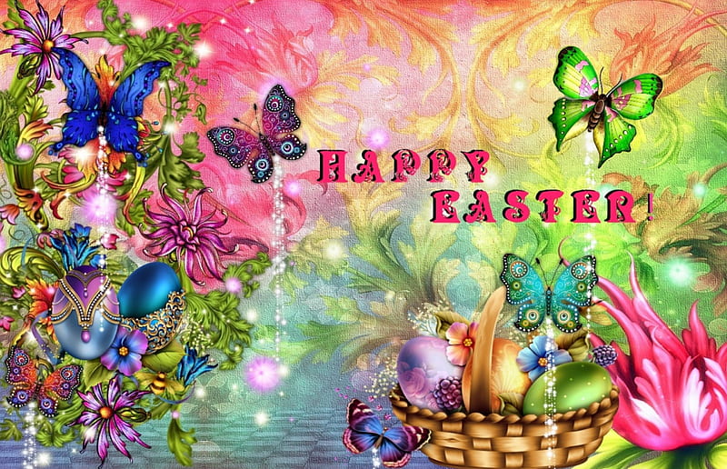 HAPPY EASTER TO DN!, EASTER, BUTTERFLIES, EGGS, COLORFUL, FLOWERS, HD wallpaper