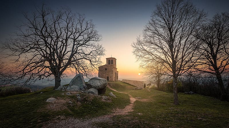 Little Church in Brittany, France, sea, morning, coast, landscape, autumn, trees, sunrise, HD wallpaper