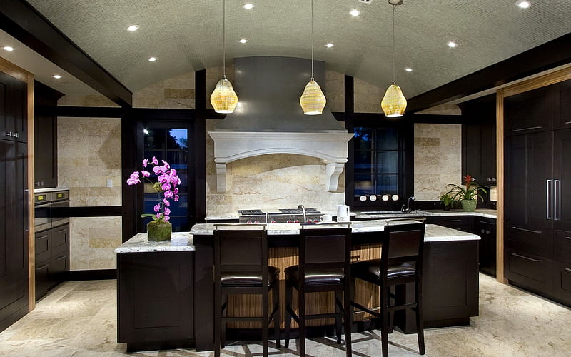 The Stone Kitchen, Kitchen, Chairs, Stone, Counters, Flowers, Beautful, Lights, HD wallpaper