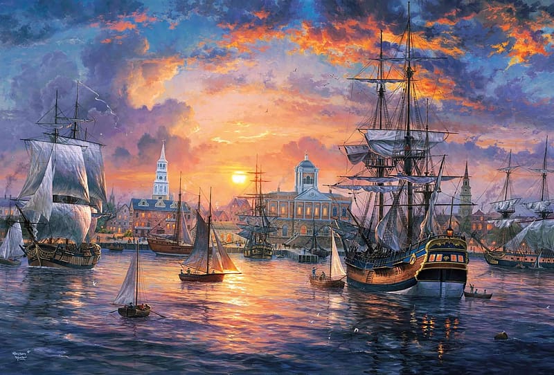 The Harbor Of Charleston by Abraham Hunter, sunset, sky, clouds, painting, artwork, ships, city, HD wallpaper