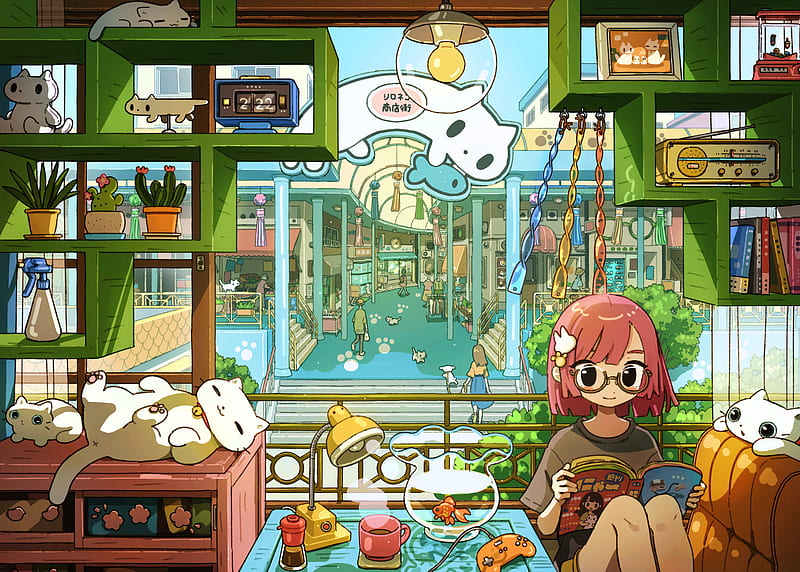 Anime, Girl, Cat, Fish, Short Hair, HD wallpaper