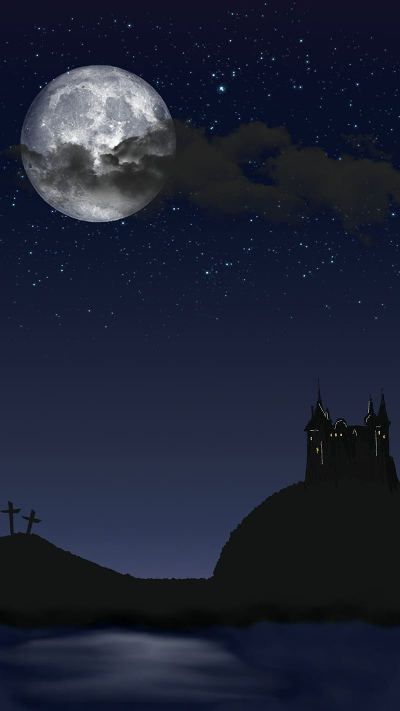 Moon, black, blue, castle, clouds, cross, night, scary, stars, HD phone wallpaper