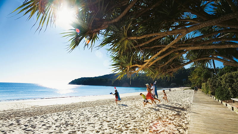 a family running onto a tropical beach, family, beach, sun, boardwalk, trees, sea, HD wallpaper
