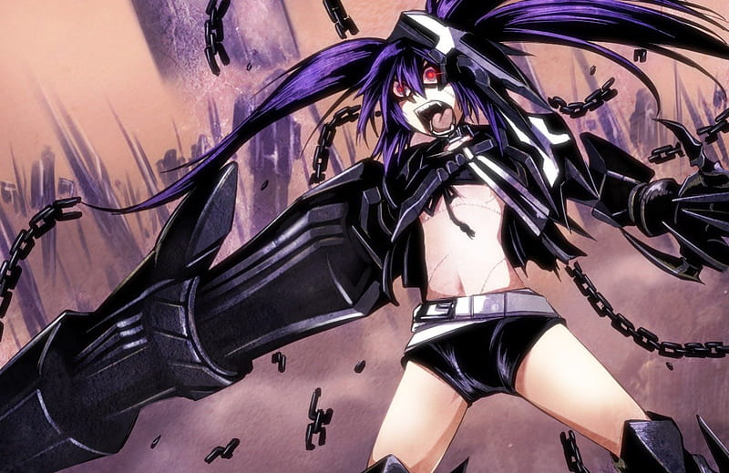 Insane Black Rock Shooter, scream, pig tails, purple hair, chains, scars, cannon, weapons, ibrs, cool, belt, shorts, anime, black rock shooter, brs, red eyes, HD wallpaper