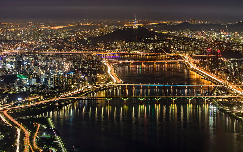 Seoul, night, city panorama, metropolis, city lights, South Korea, HD wallpaper