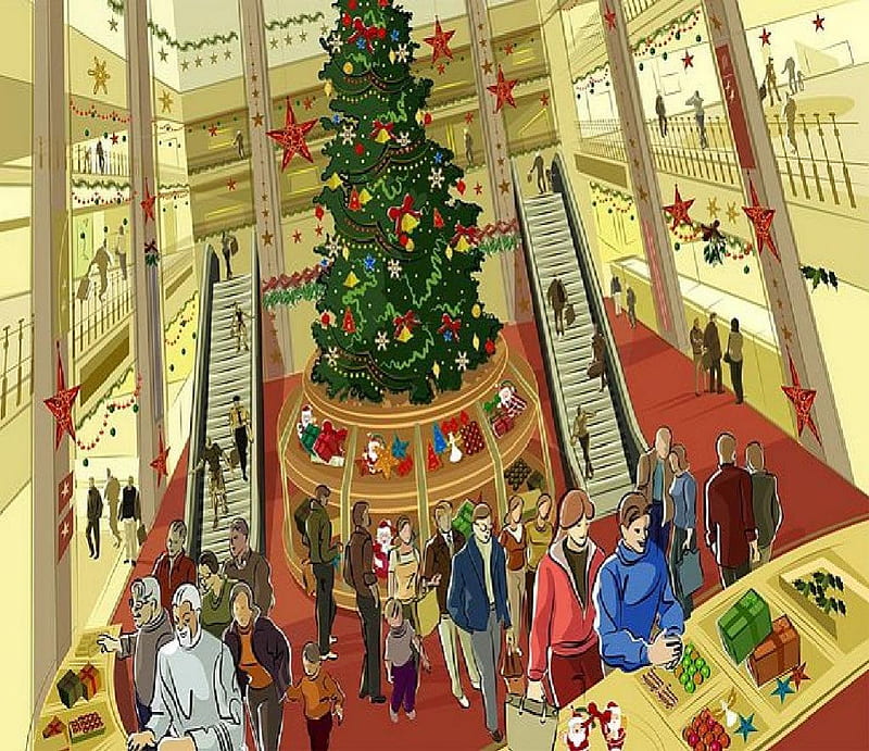 Christmas Time At The Mall, tree, christmas, shopping, people, decorations, HD wallpaper