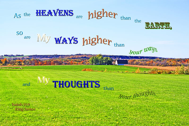 God's Ways-Thoughts Higher, hills, farm, autumn, Bible, pasture, trees, field, lake, HD wallpaper