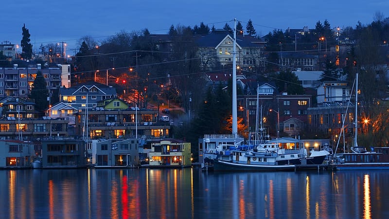Cities, Night, Reflection, Light, House, Boat, Town, Seattle, HD wallpaper