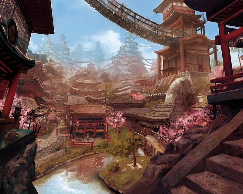 Temple, nature, river, temples, cherry blossoms, HD wallpaper