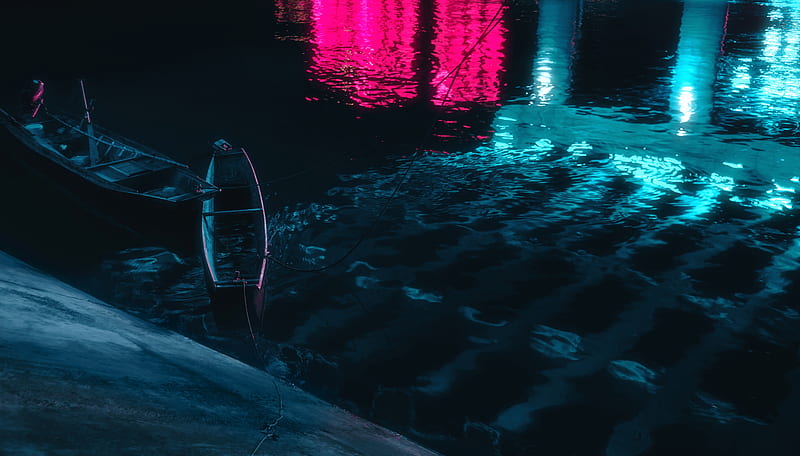 boats, water, night, dark, reflection, HD wallpaper