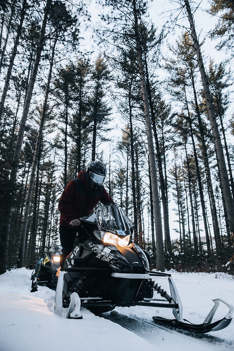 snowmobile, snow, winter, man, forest, nature, HD phone wallpaper