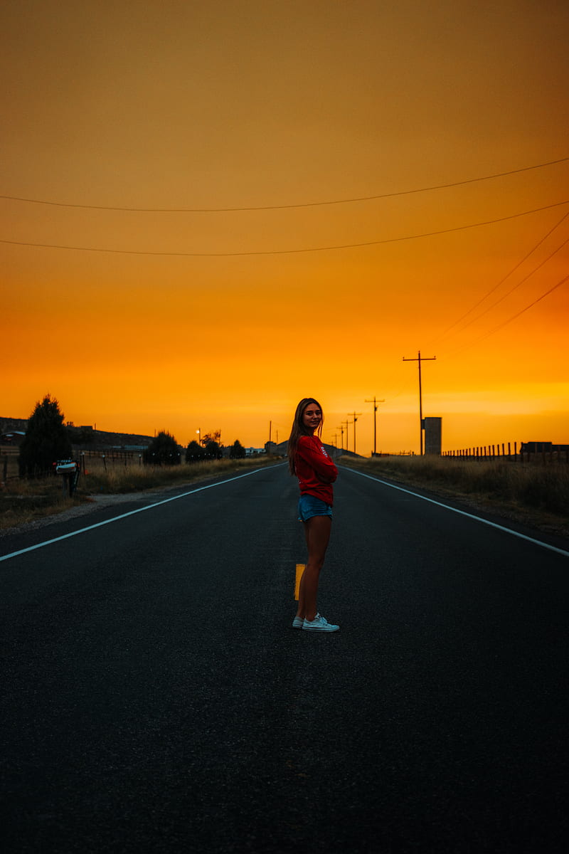 woman in red and blue plaid shirt standing on road during sunset, HD phone wallpaper
