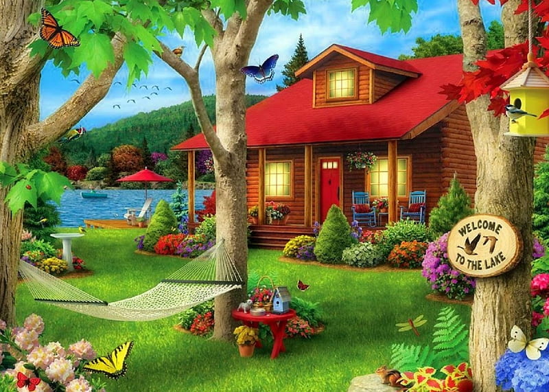 Lakeside Getaway, lakes, houses, love four seasons, home, butterflies, spring, attractions in dreams, lakeside, paintings, summer, garden, nature, butterfly designs, HD wallpaper